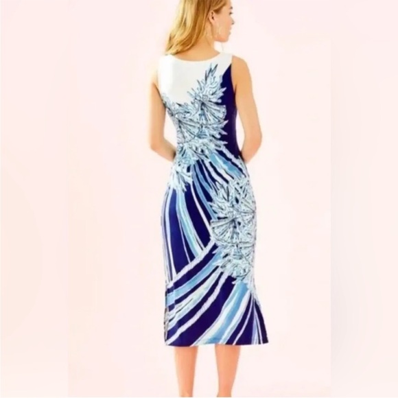 NWT L Lilly Pulitzer Mercer Midi Dress Deep Sea Navy- Hooked on a Feeling Engine - Picture 2 of 4